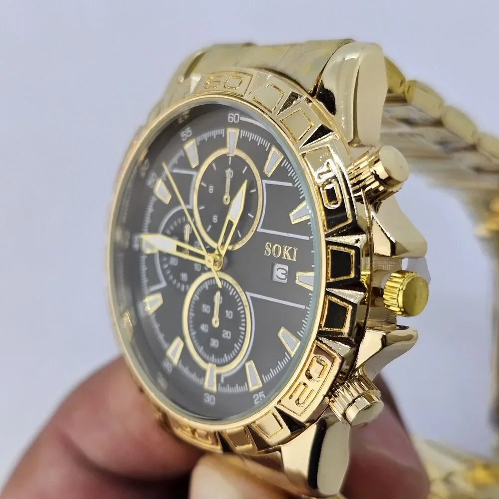 Men's Watch Bracelet Set 43MM Black Dial Date Gold‎ Bracelet Band 8